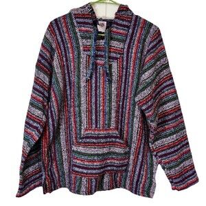 Mens Baja Hoodie Drug Rug Striped Pullover Kangaroo Pocket Hippie Festival Sz XL